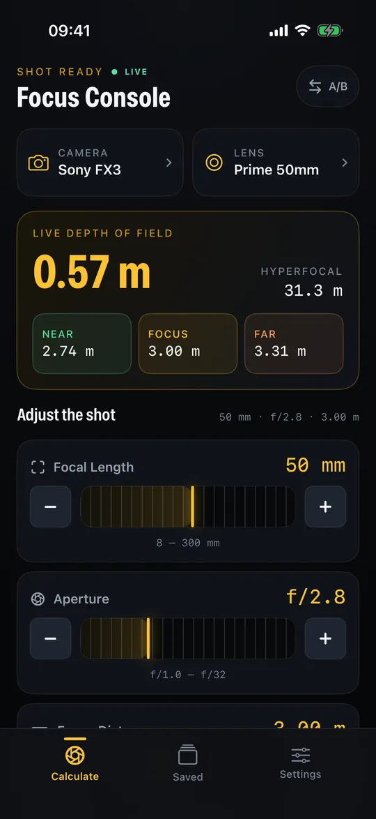 DoF Mate Focus Console showing live total depth of field and near, focus and far limits