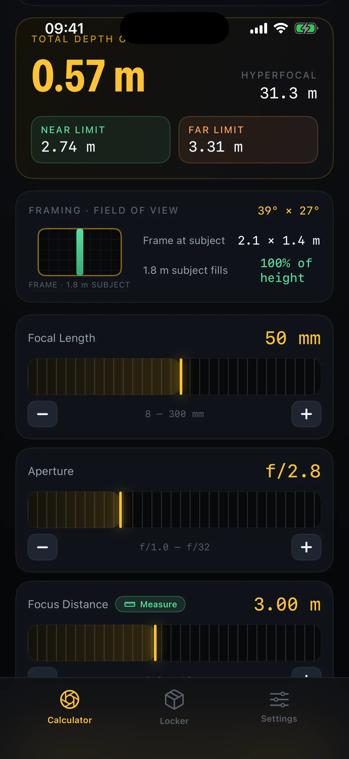 DoF Mate's haptic focal length, aperture and focus-distance gauges