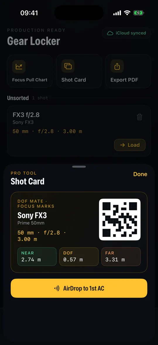 DoF Mate shot card with a QR code and AirDrop button showing near, depth of field and far focus marks for the 1st AC