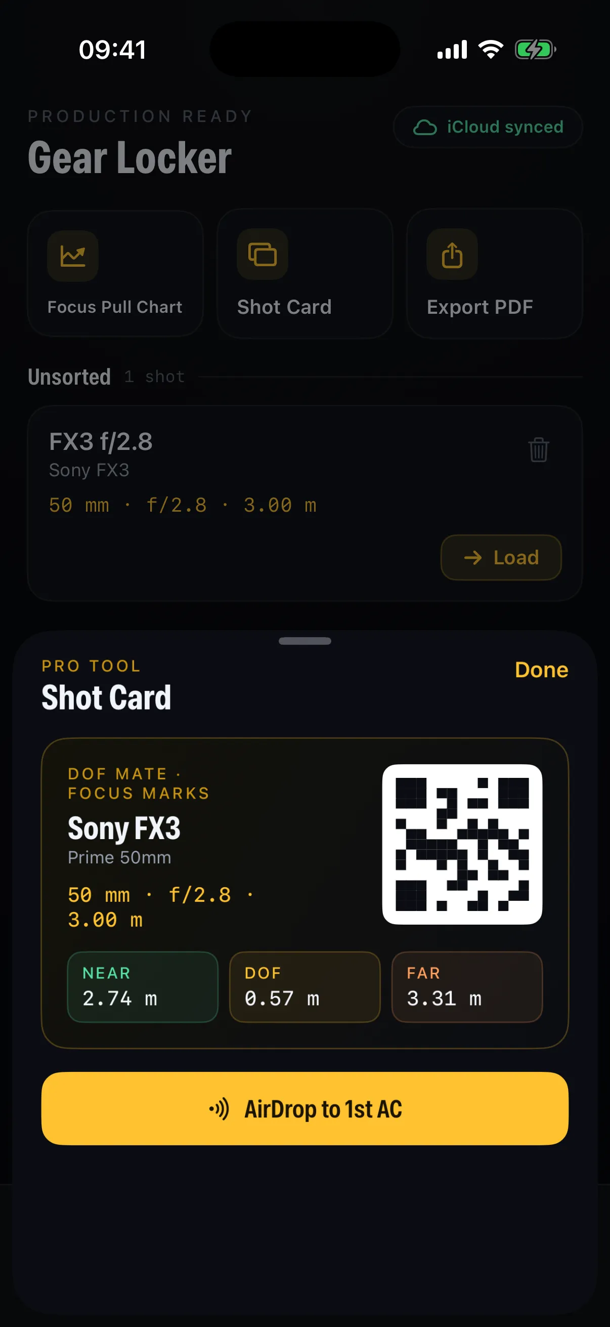 A DoF Mate shot card with focus marks and a QR code, ready to AirDrop to the 1st AC