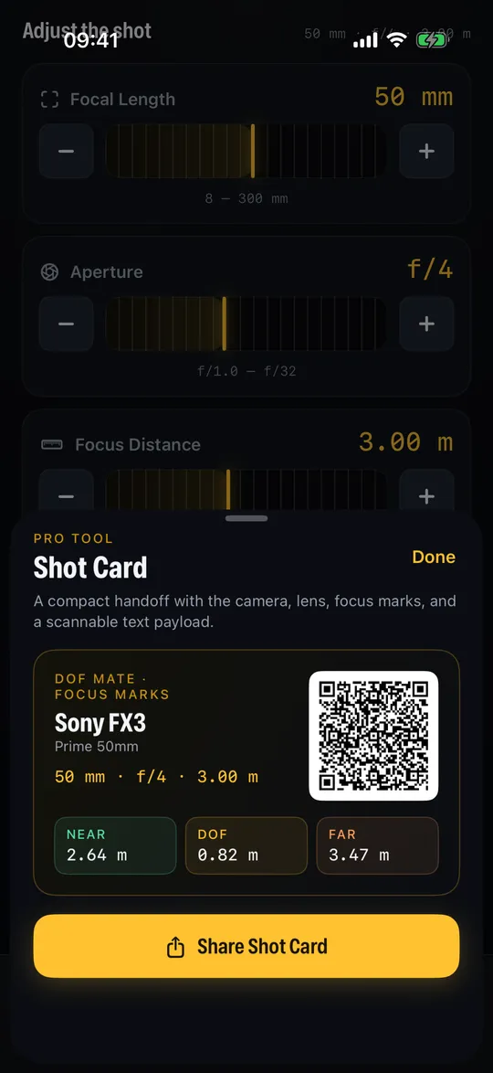 DoF Mate shot card with a QR code and system share button showing near, depth of field and far focus marks