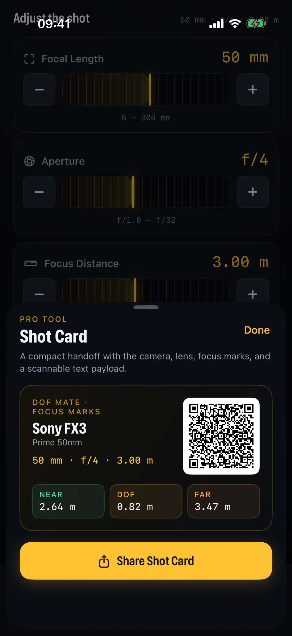 A DoF Mate shot card with focus marks and a QR code, ready to share with the crew